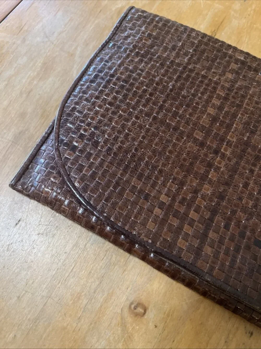 Vintage Beautiful Brown Leather Woven Large Clutch 14x8inch Snap Closure